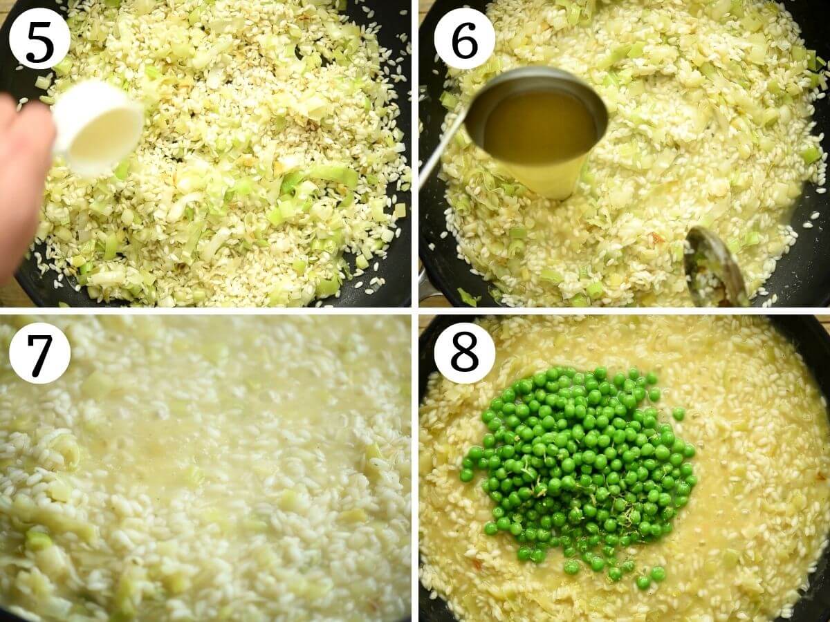 Four photos ion a collage showing how to make risotto