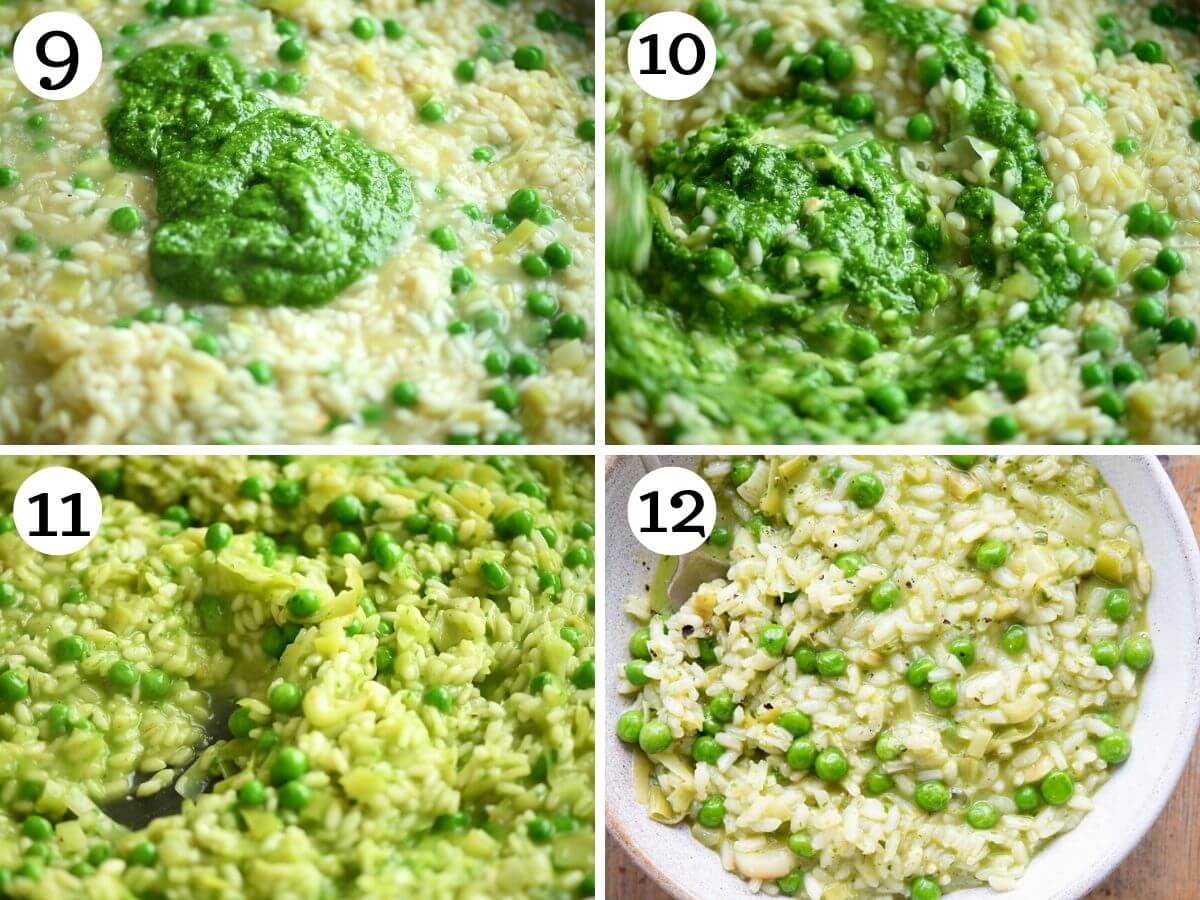 Four photos in a collage showing how to add pesto and peas to risotto