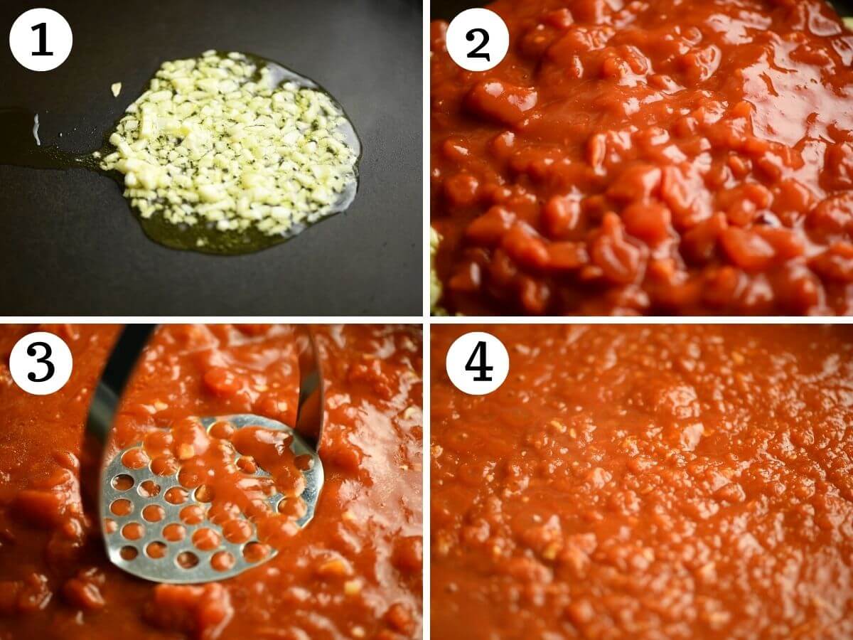 Four photos in a collage showing how to fry garlic and simmer tomatoes