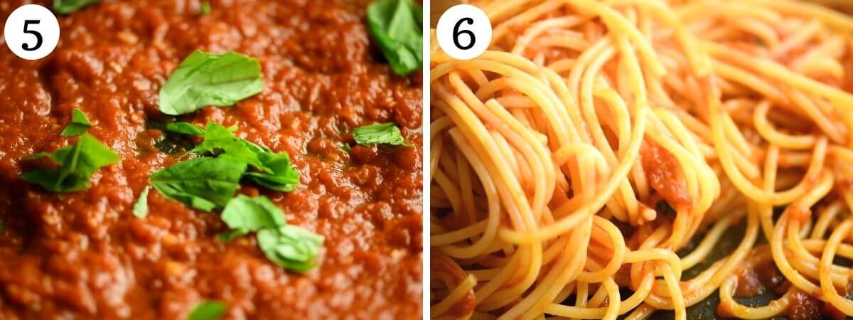 Two photos in a collage showing a finished tomato sauce and tomato sauce with spaghetti