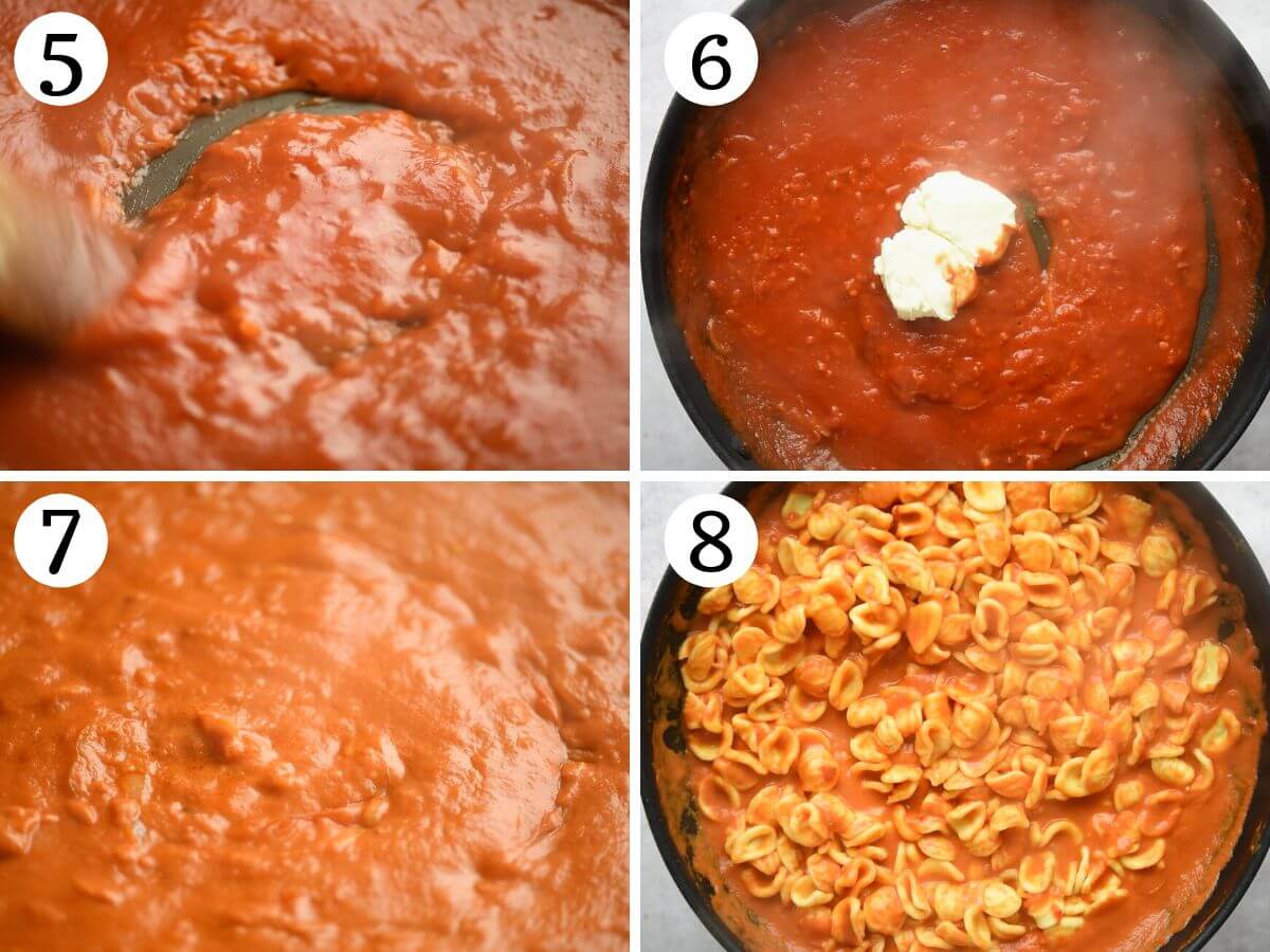 Four photos in a collage showing how to make a creamy Nduja pasta sauce with orecchiette.