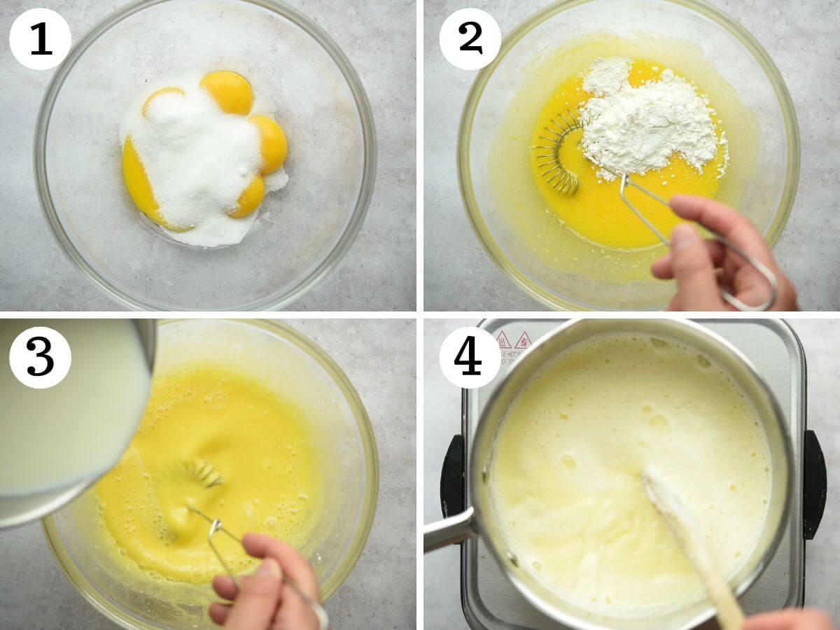 Four photos in a collage showing how to whisk egg yolks with sugar and corn starch and heat up milk in a saucepan.