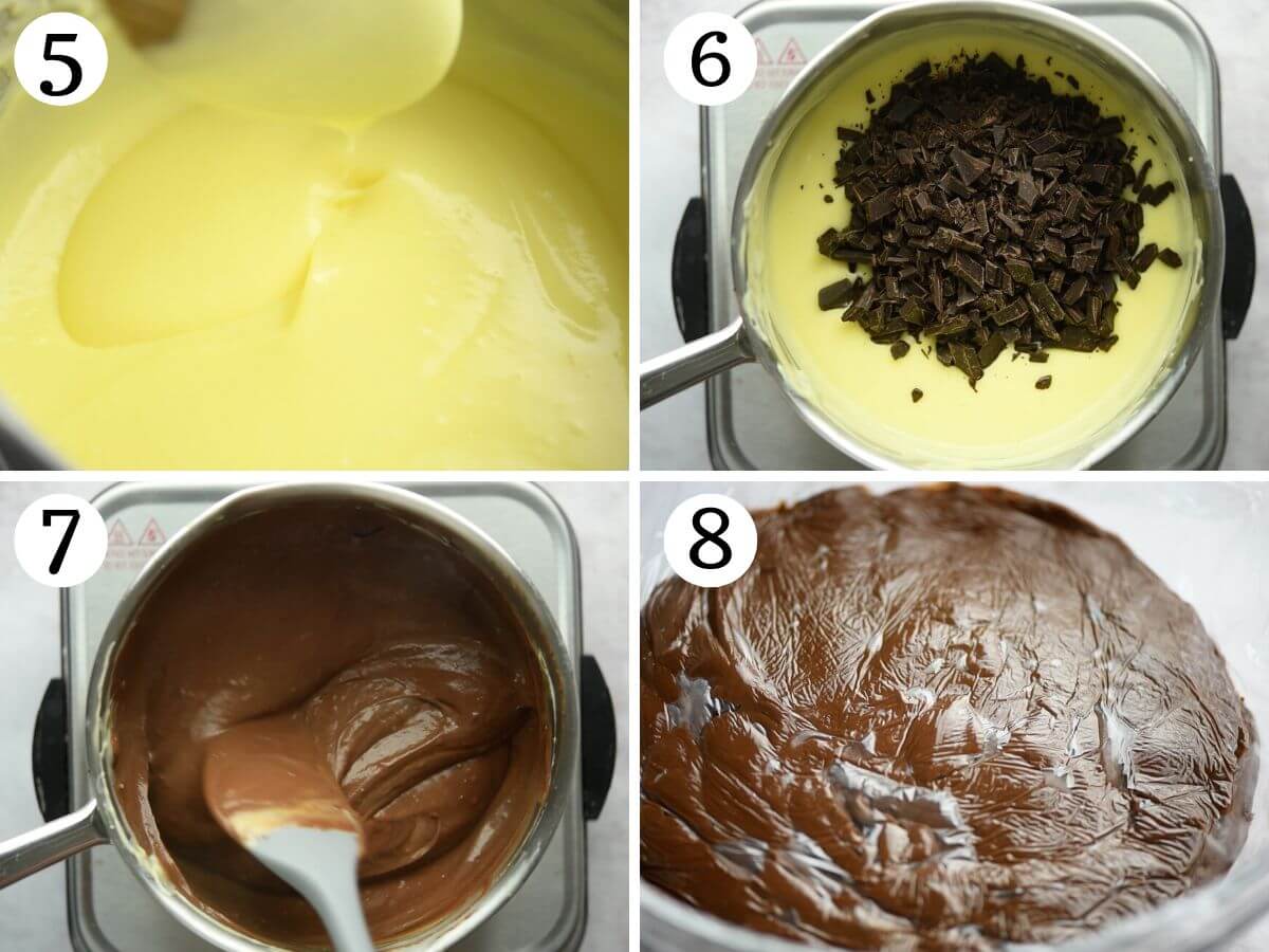 Four photos in a collage showing how to make chocolate custard by thickening egg yolks and milk then adding chocolate.