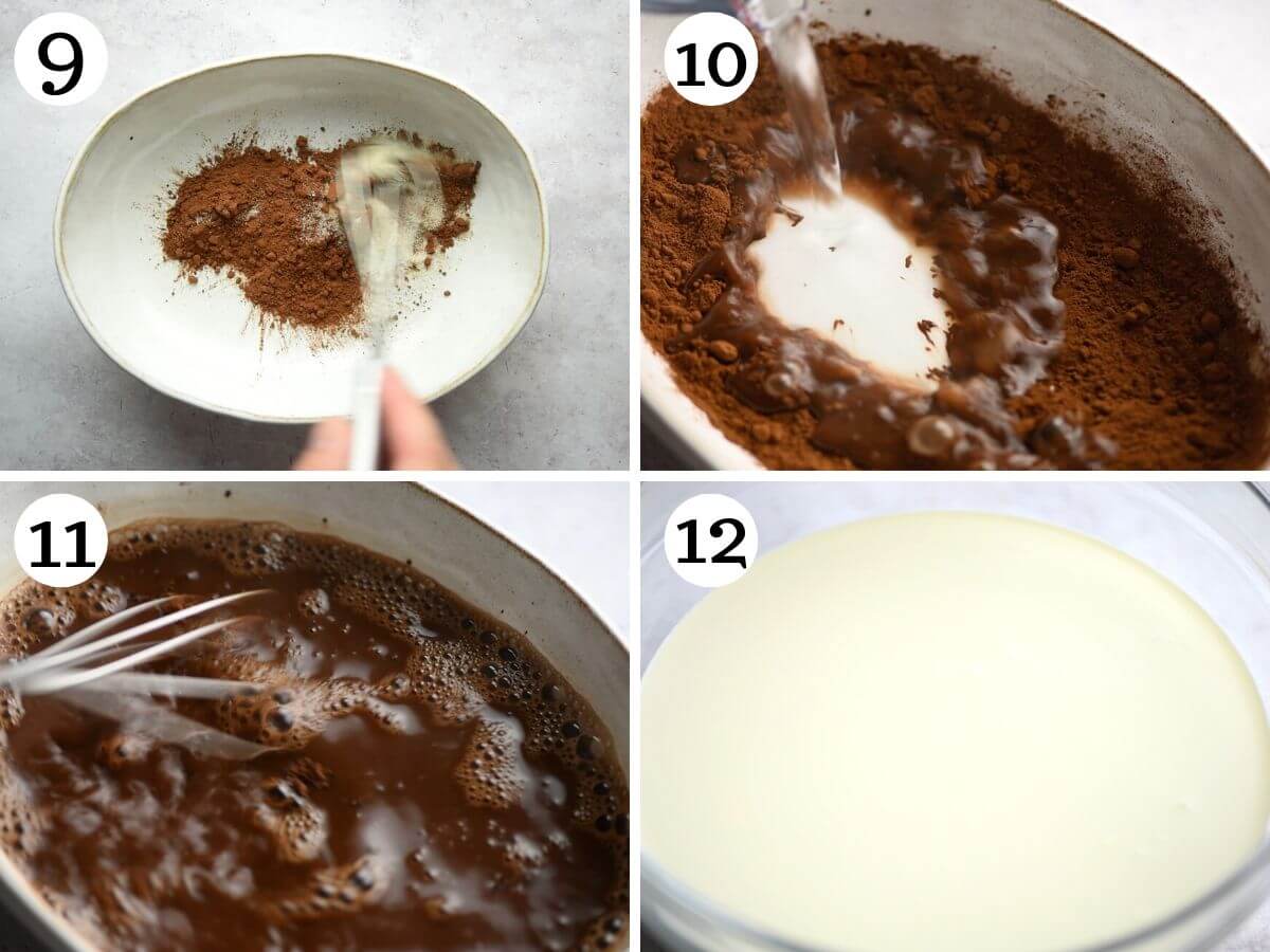 Four photos in a collage showing how to mix cocoa powder, sugar and hot water . Fourth photos shows heavy cream in a bowl.