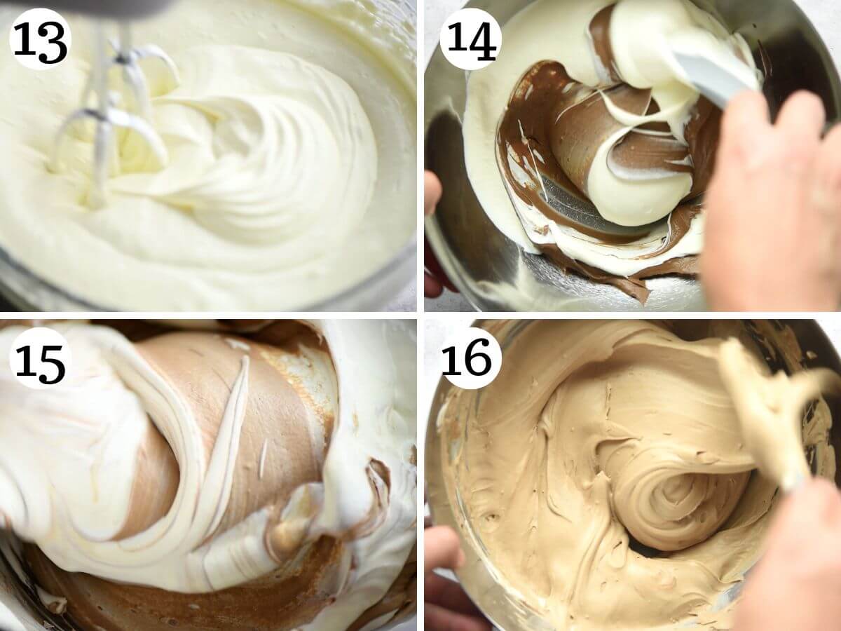 Four photos in a collage showing how to fold whipped cream into cold chocolate custard to create a chocolate filling for tiramisu.