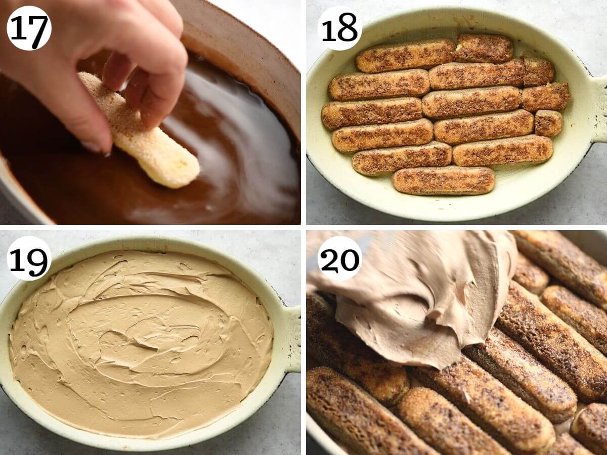 Four photos in a collage showing how to dip Savoiardi biscuits (Italian lady fingers) in chocolate liquid and use them to layer a tiramisu.