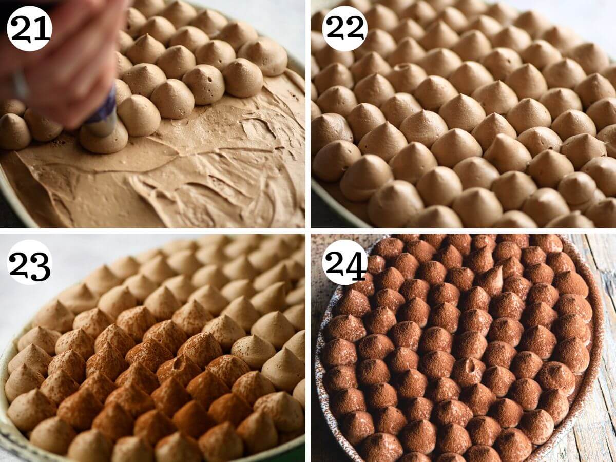 Four photos showing how to pipe chocolate cream on top of a tiramisu and dust cocoa powder on top.