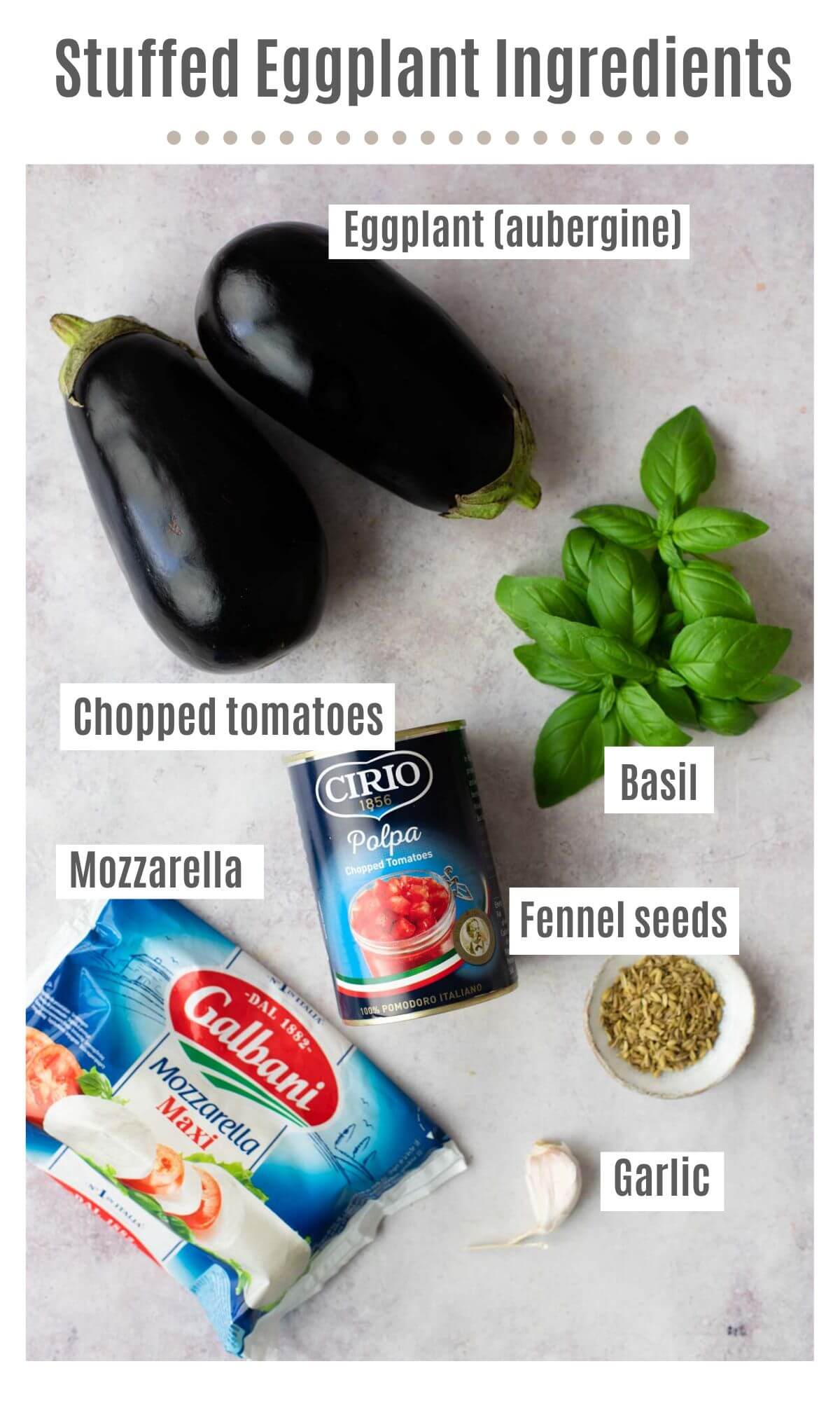 An overhead shot of ingredients; eggplants, fresh basil, chopped tomatoes, mozzarella, fennel seeds and garlic.