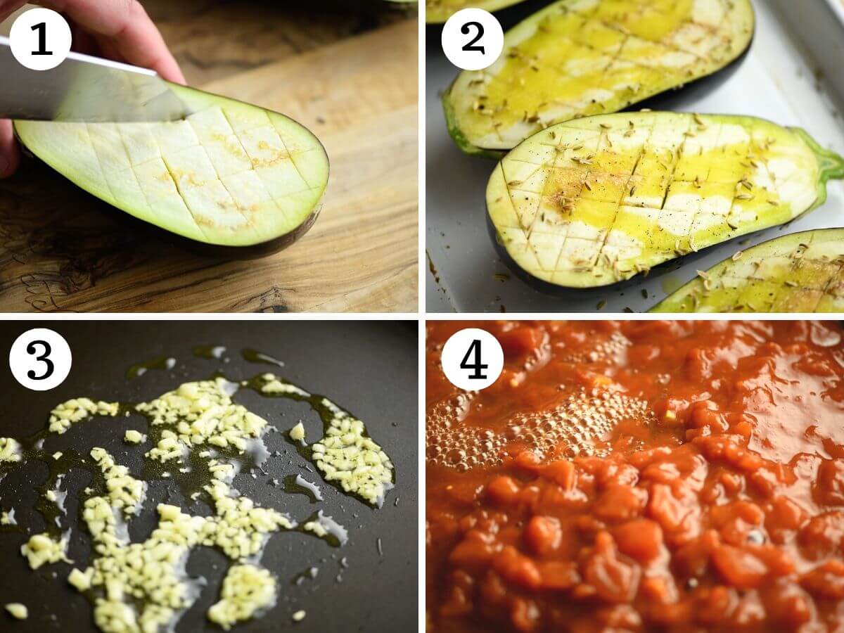 Four photos in a collage showing how to prepare eggplant for roasting and make tomato sauce.