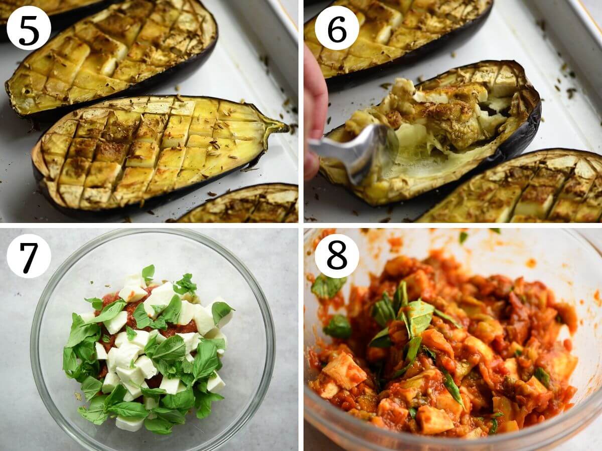 Four photos in a collage showing how to scoop baked eggplant from the skin and mixing it in a bowl with tomato, mozzarella and basil.