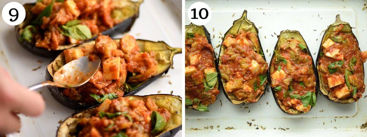 Two photos showing how to stuff eggplants and what they look like once baked.