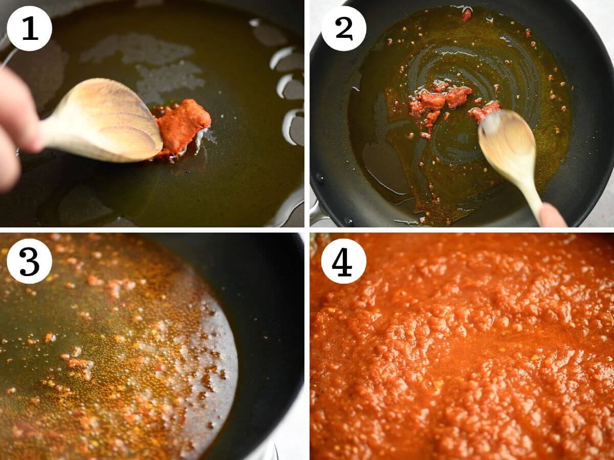 Four photos in a collage showing how to saute Nduja and crushed tomatoes.