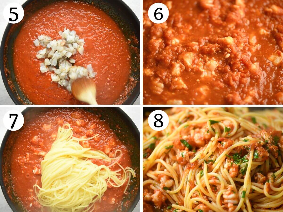 Four photos in a collage showing how to add shrimp and spaghetti to a tomato sauce.