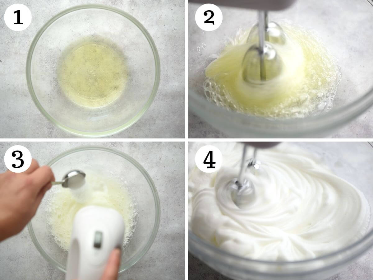 Four photos in a collage showing how to whisk egg whites to stiff peaks.