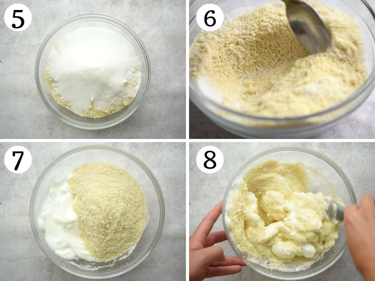 Four photos in a collage showing how to mix egg whites and almonds to form cookie dough.