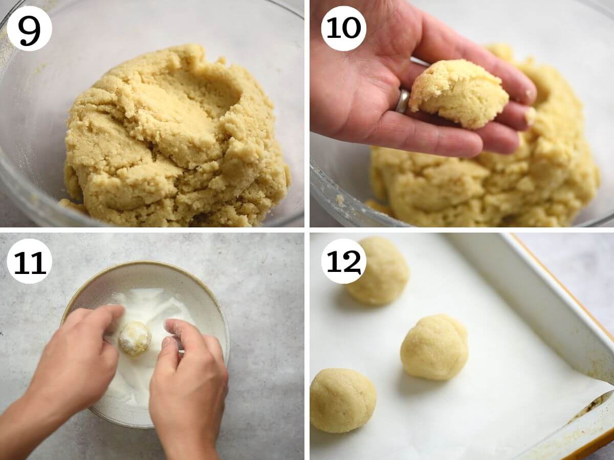 Four photos in a collage showing how to roll amaretti cookies.