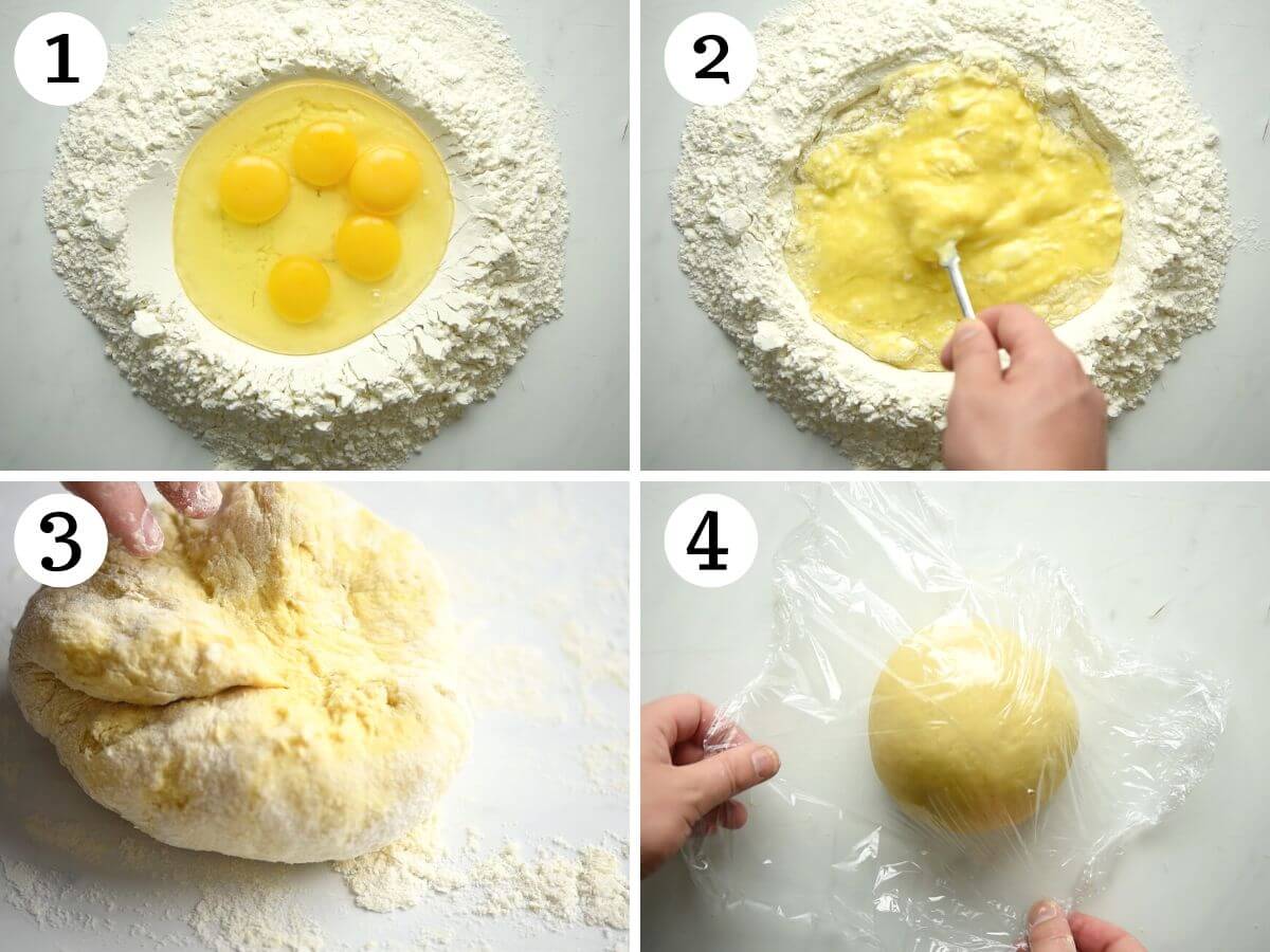Four photos in a collage showing how to make homemade pasta dough from scratch.