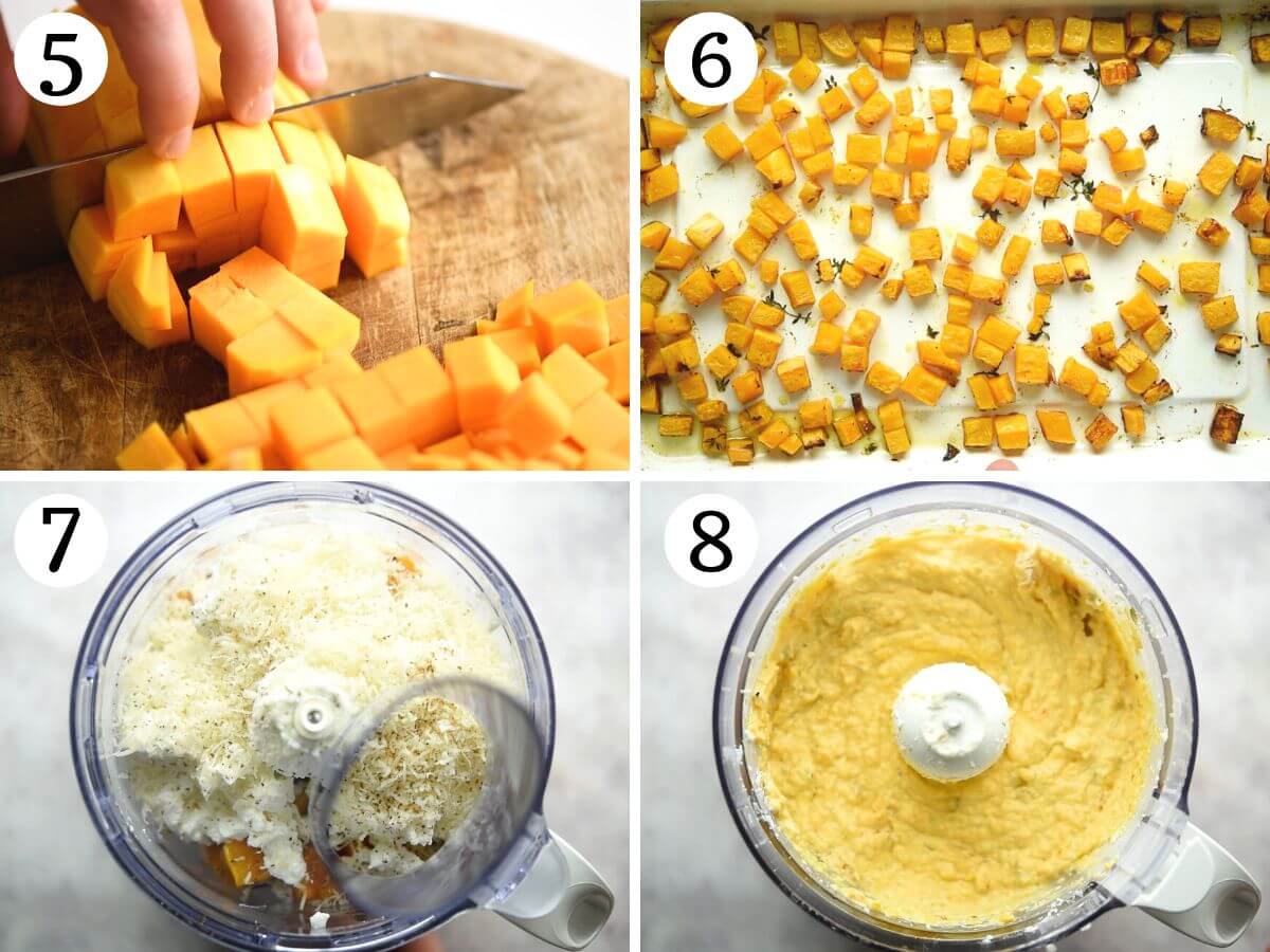 Four photos in a collage showing how to roast butternut squash a make it into a ravioli filling.