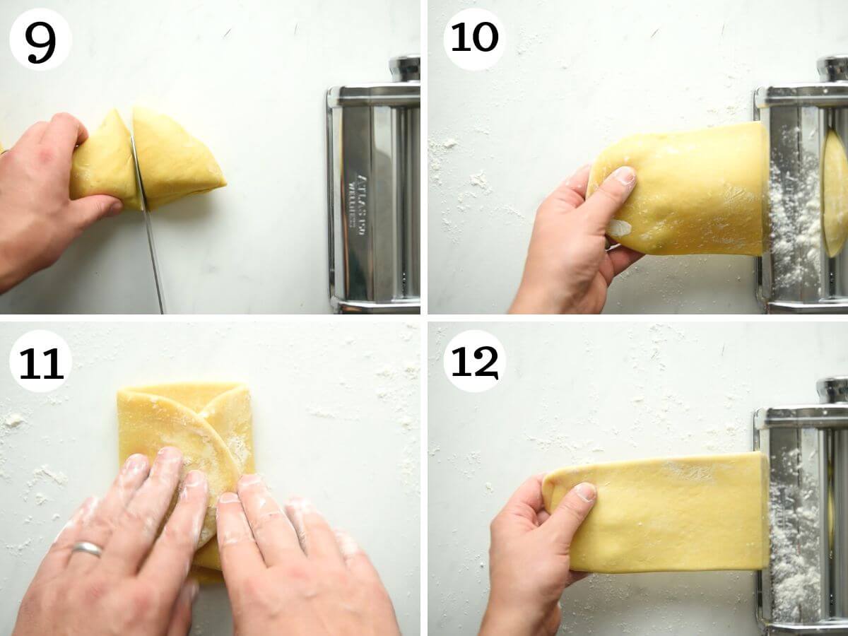 Four photos in a collage showing how to roll out pasta dough using a pasta machine.