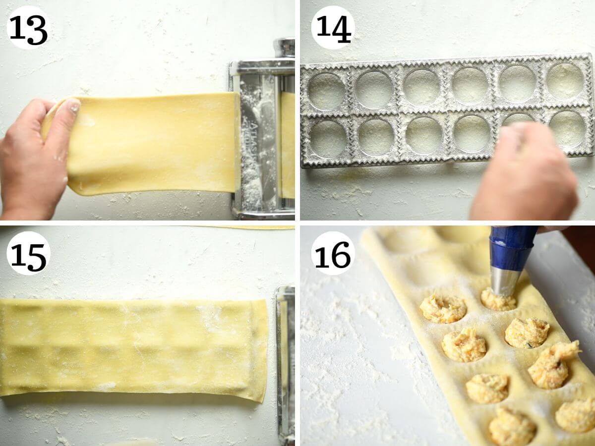 Four photos in a collage showing how to use a ravioli maker.