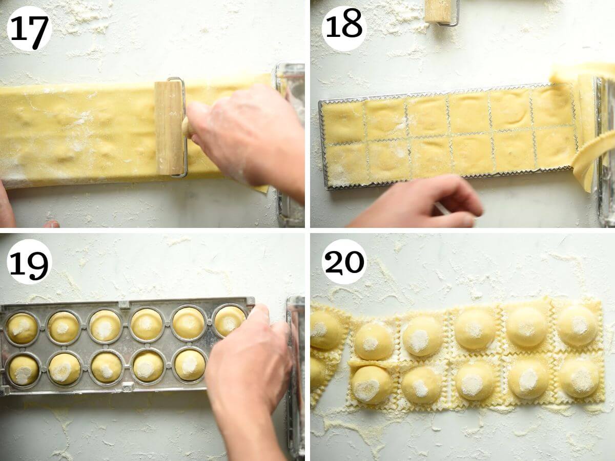 Four photos in a collage showing how to fill and seal butternut squash ravioli.