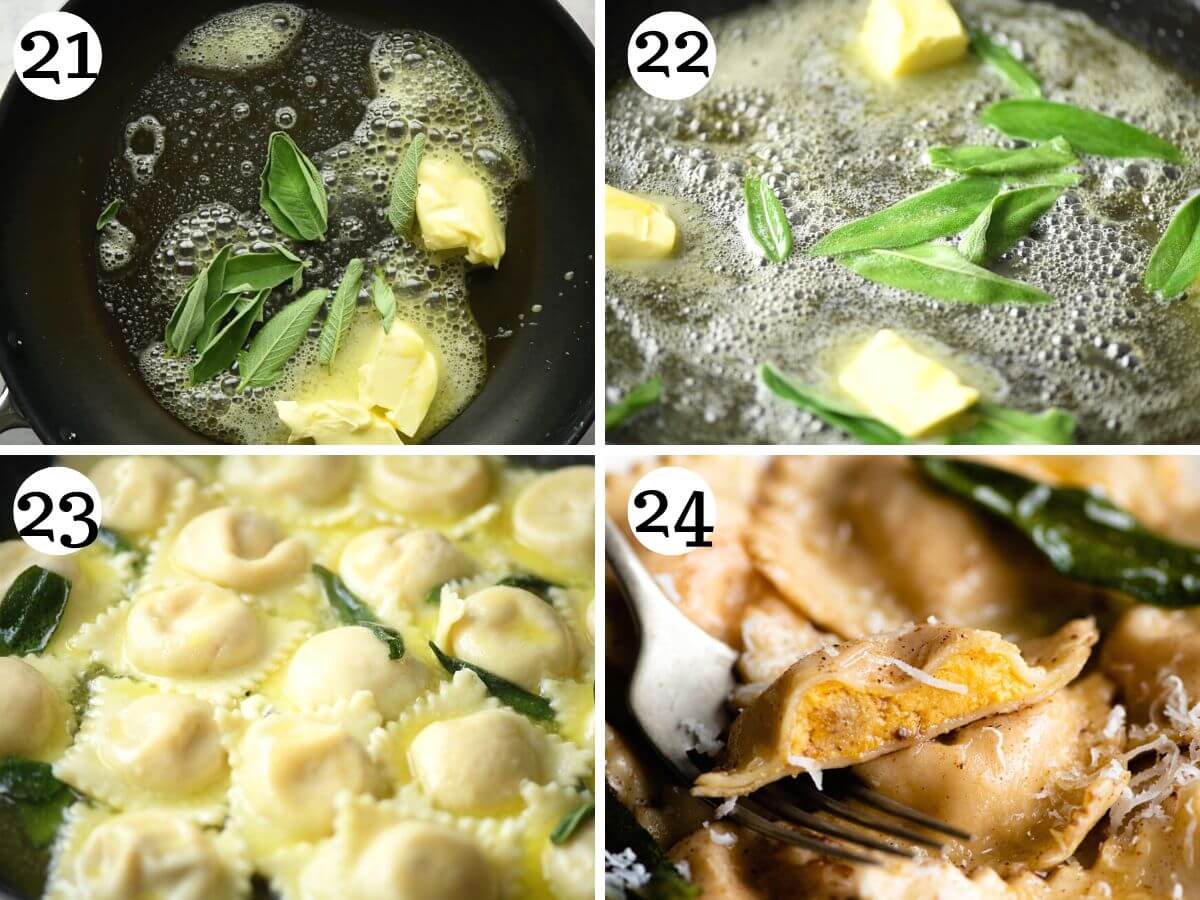 Four photos in a collage showing how to make a brown butter and sage sauce for ravioli.