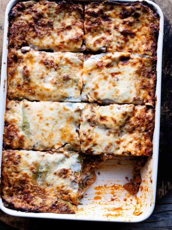 An overhead shot of Lasagna Bolognese in a large baking dish.