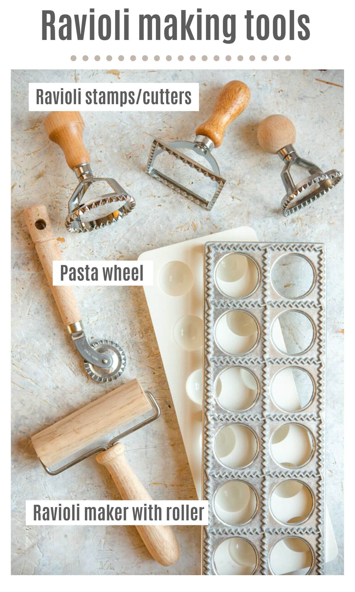 An overhead shot of ravioli making tools labelled; ravioli stamps/cutters, pasta wheels and ravioli maker with roller.;