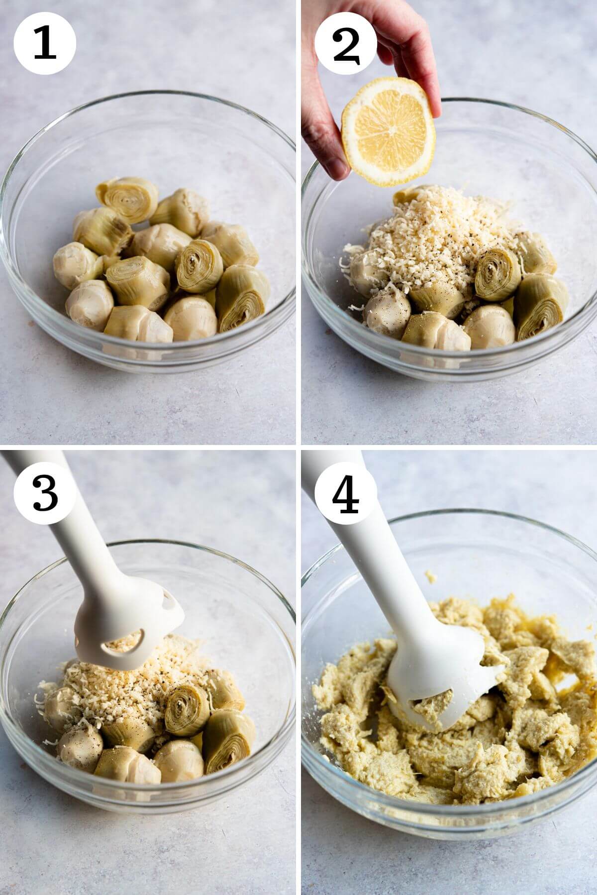 Four photos in a collage showing how to make artichoke pesto.