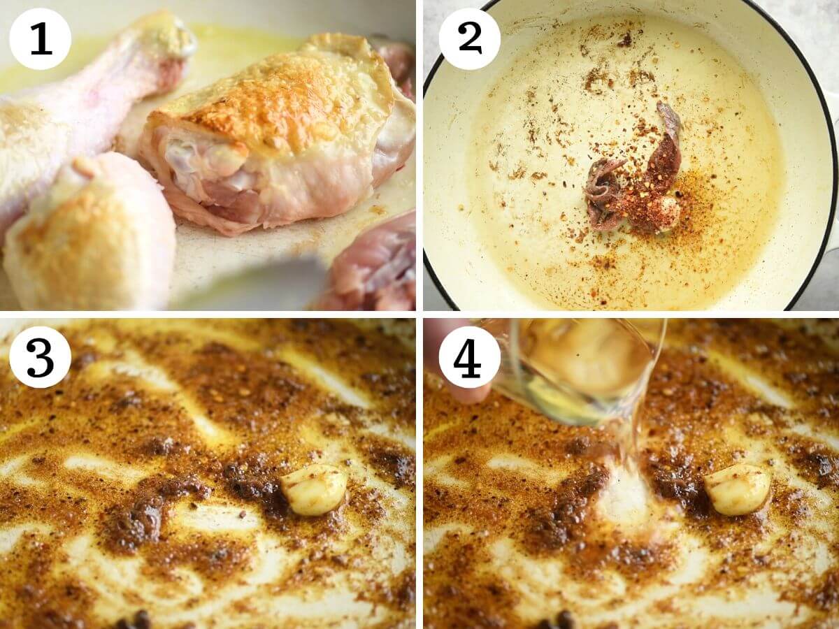 Four photos in a collage showing how to brown chicken and sauté anchovies and garlic.