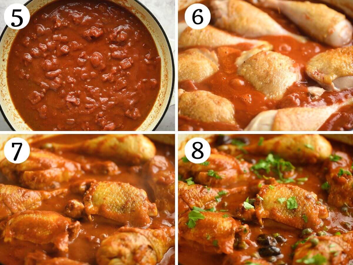 Four photos in a collage showing how to make chicken in puttanesca sauce.