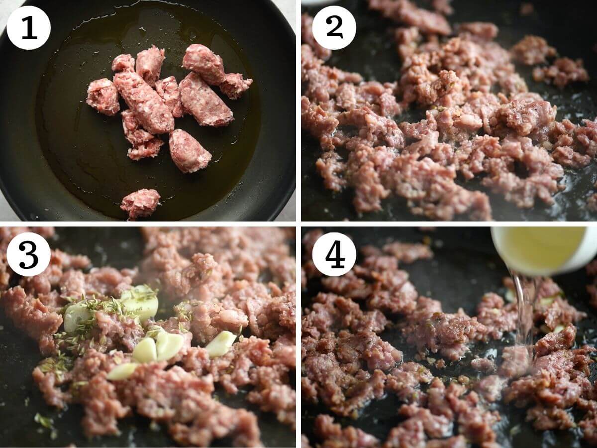 Four photos in a collage showing how to brown sausages, garlic and reduce white wine.