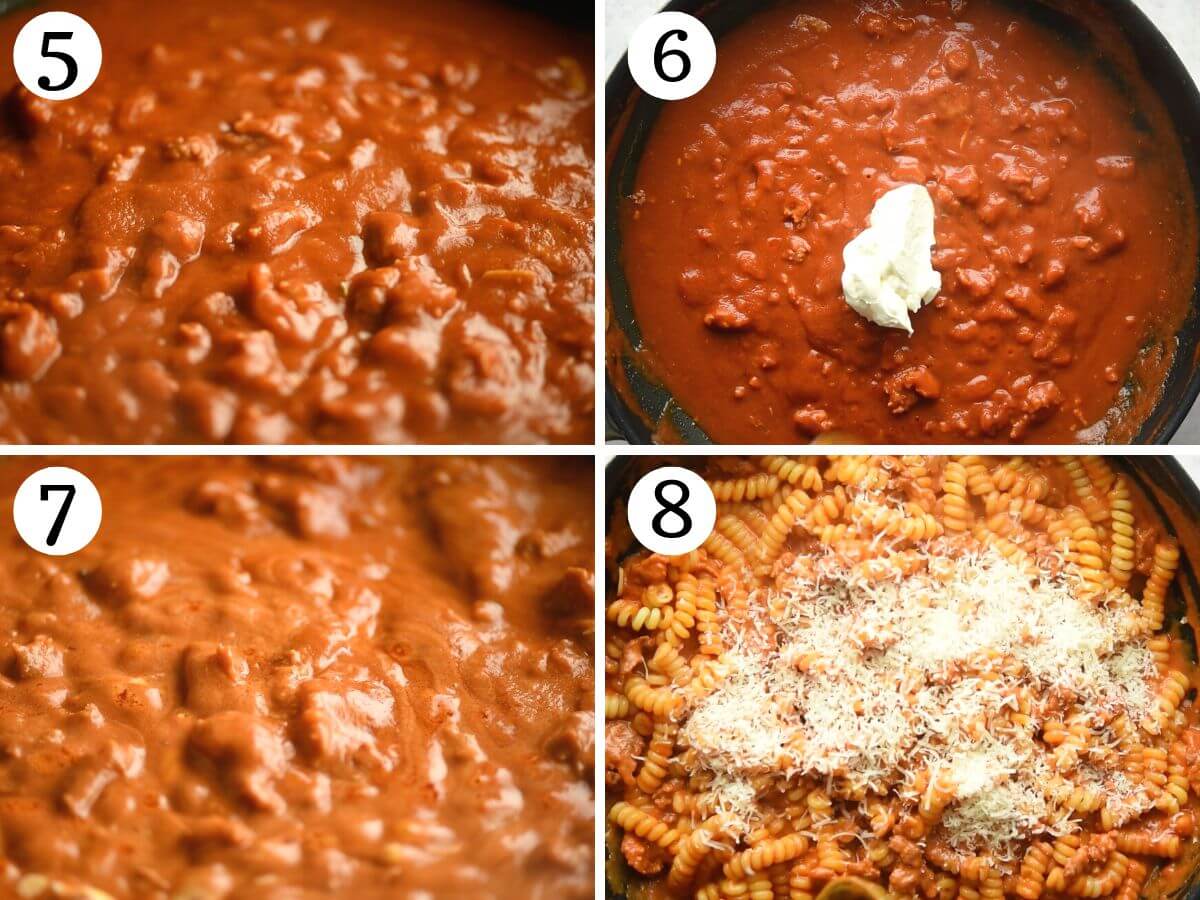 Four photos in a collage showing how to make a creamy tomato sauce.