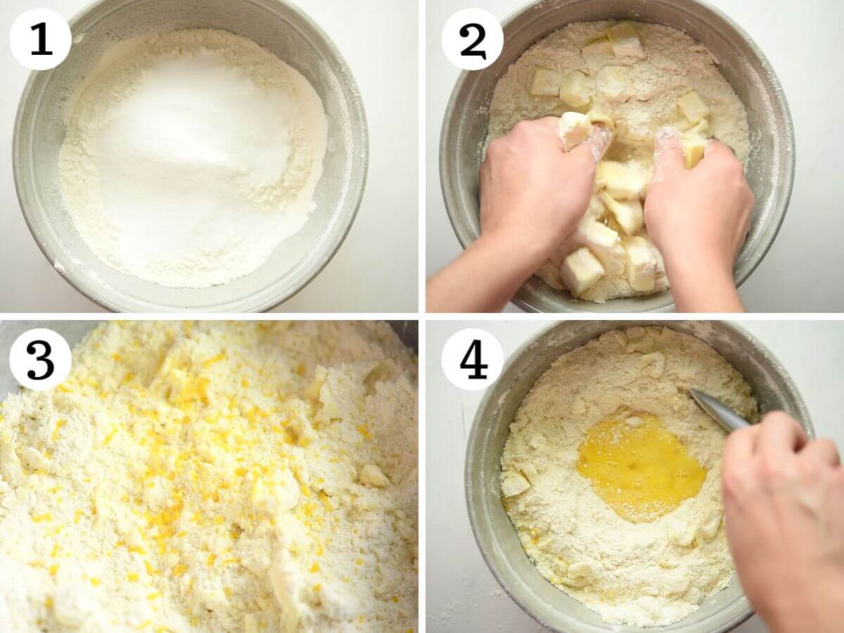 Four photos in a collage showing how to make pastry.