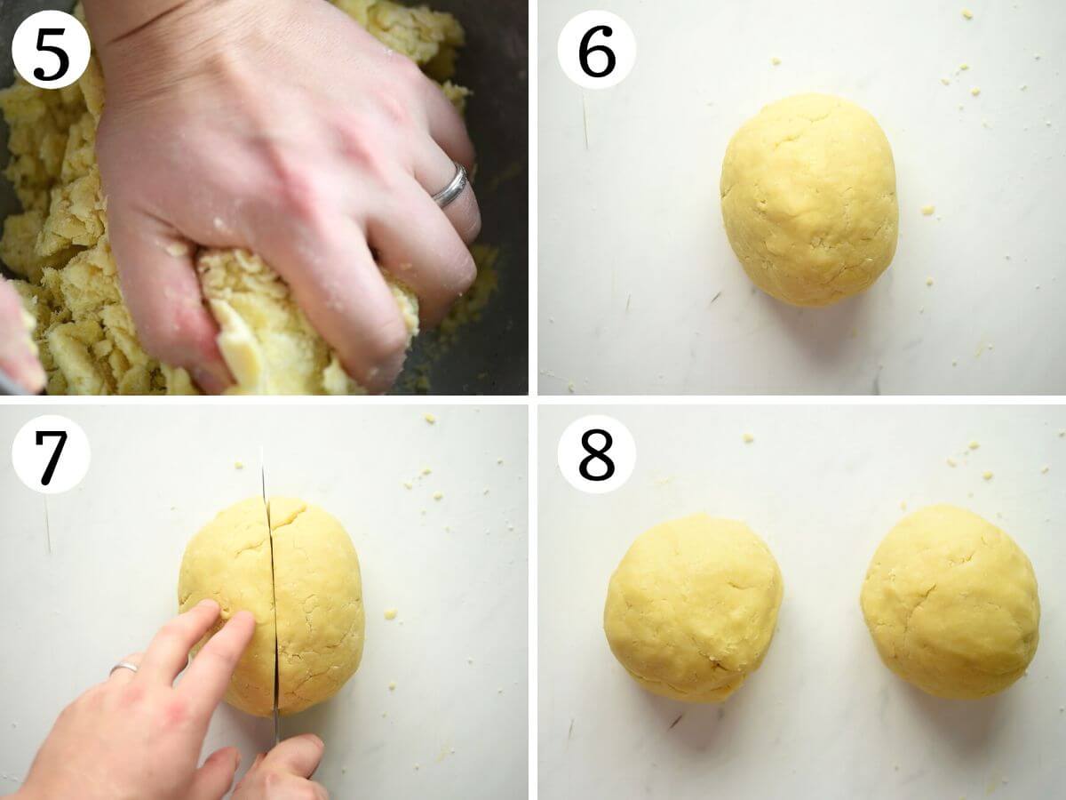Four photos in a collage showing how to form pastry into a ball and cut in it half.