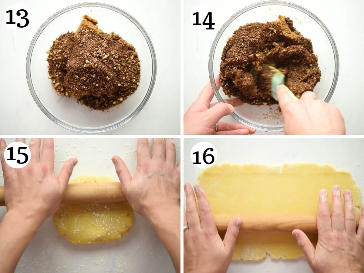 Four photos in a collage showing the cuccidati filling and rolling out the pastry dough.
