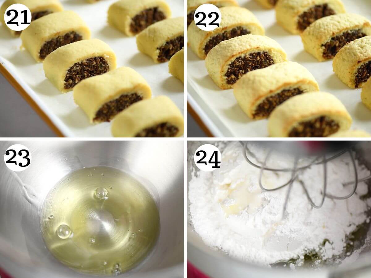 Four photos in a collage showing the Cuccidati before and after baking and how to make the icing.