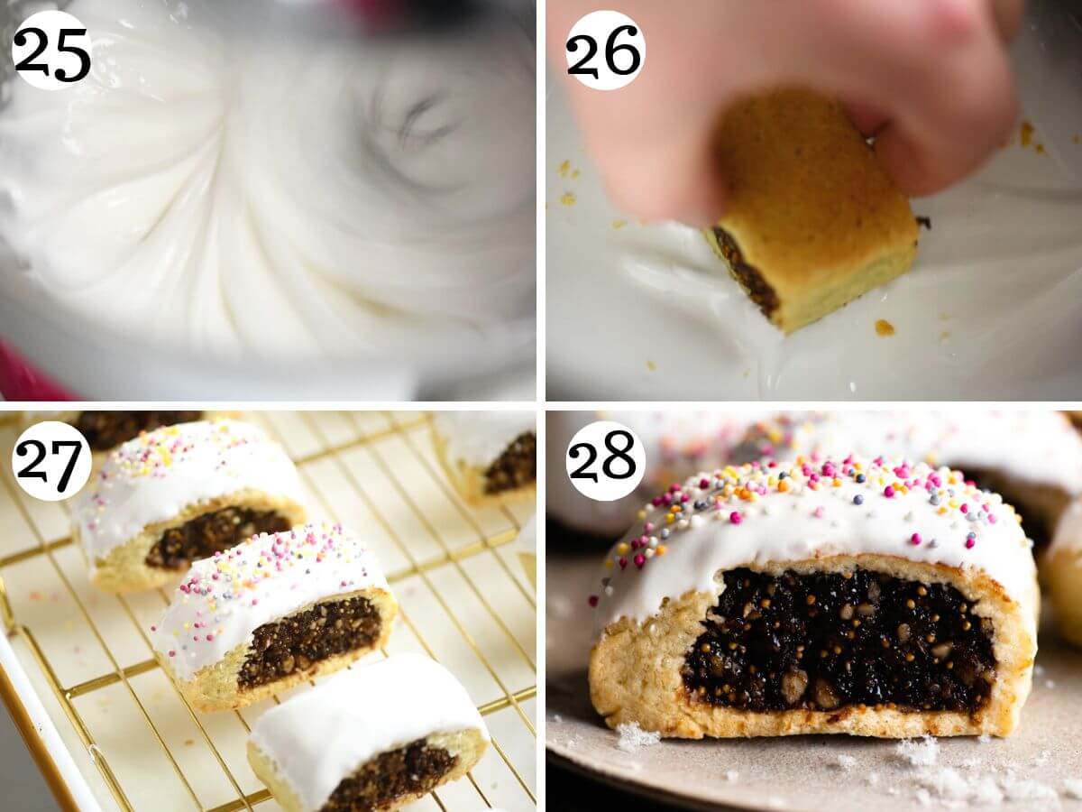 Four photos in a collage showing how to dip the Cuccidati cookies in icing and top with sprinkles.