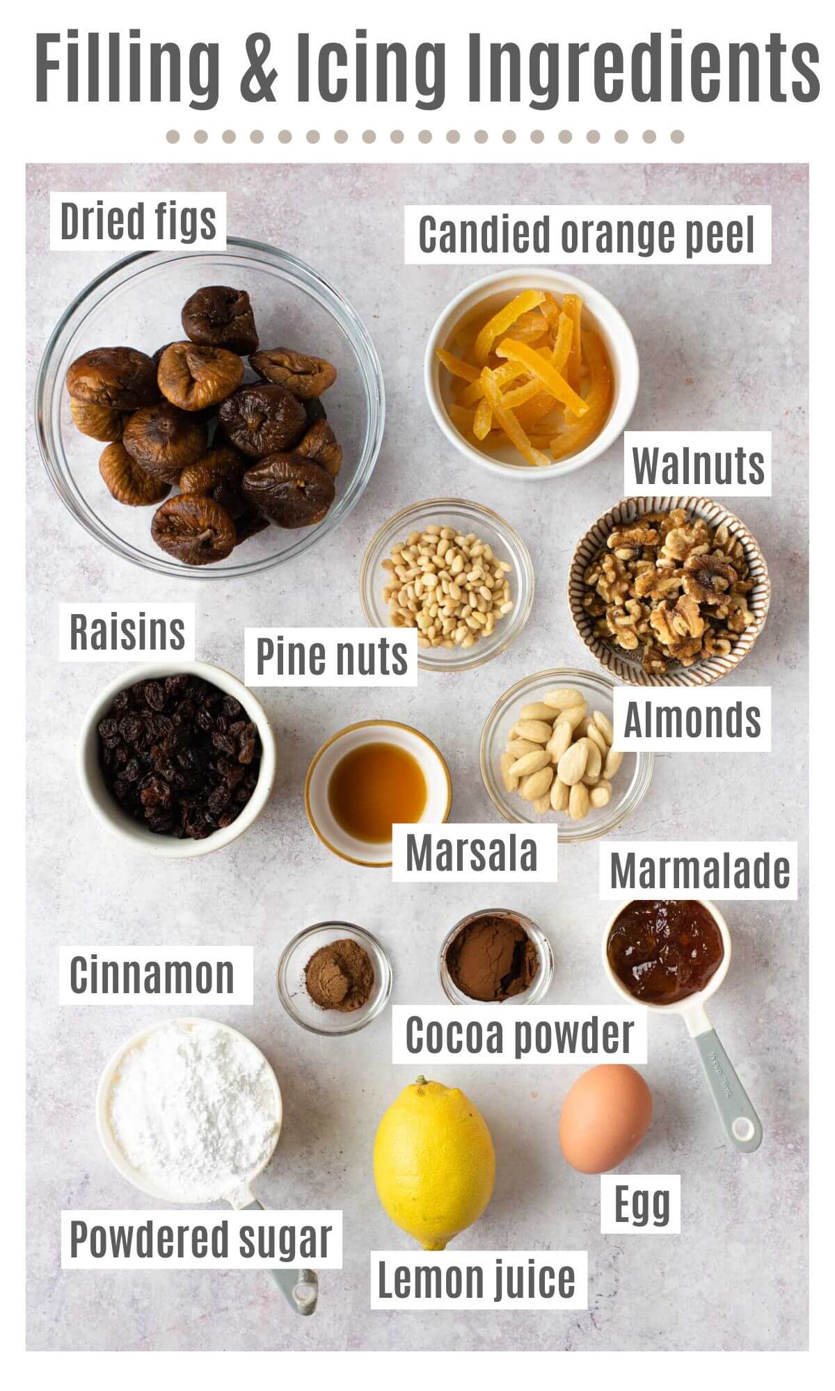 An overhead shot of all the ingredients needed to make the filling and icing for cuccidati cookies.