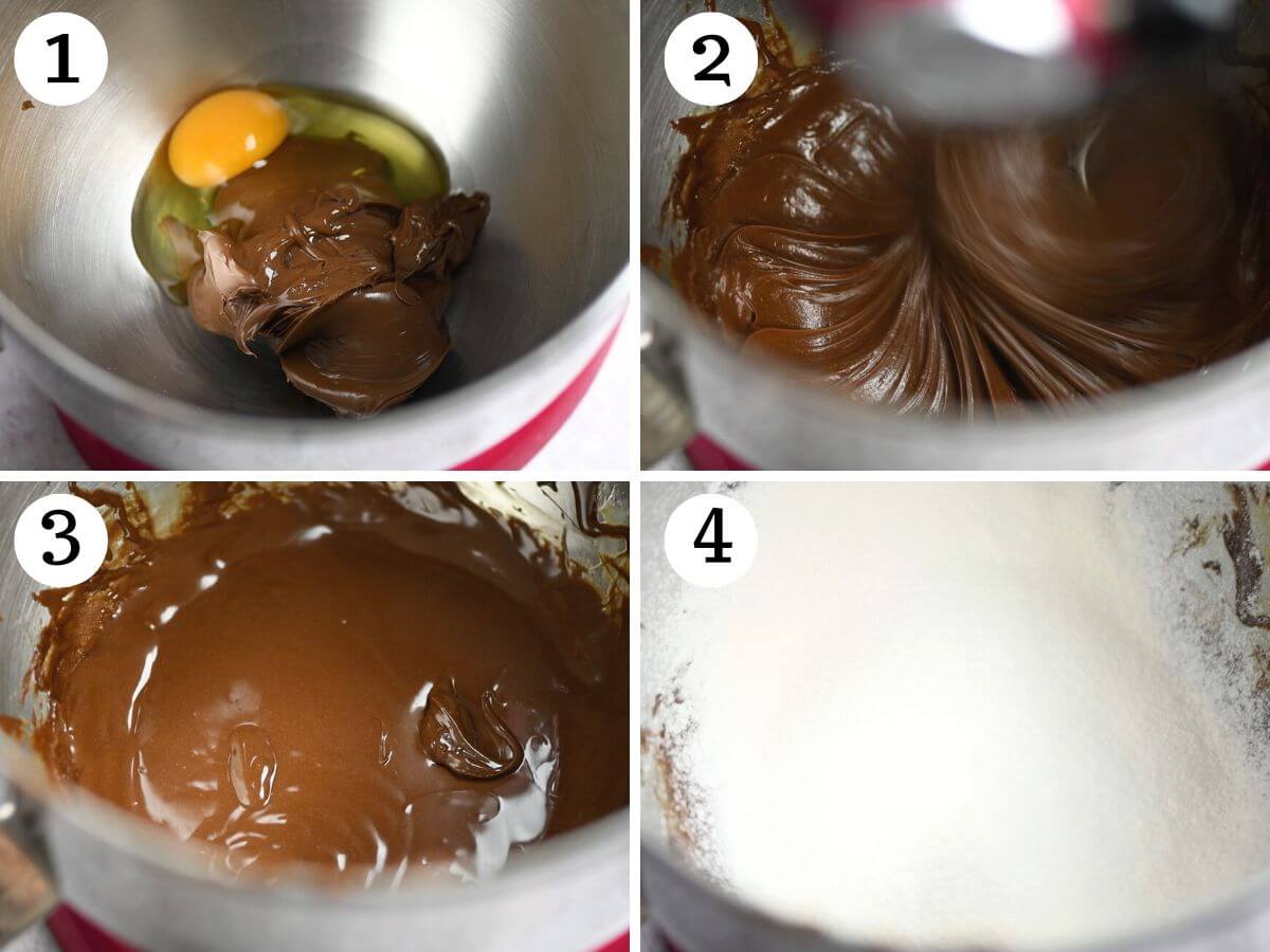 Four photos in a collage showing how to mix Nutella, eggs and flour together.