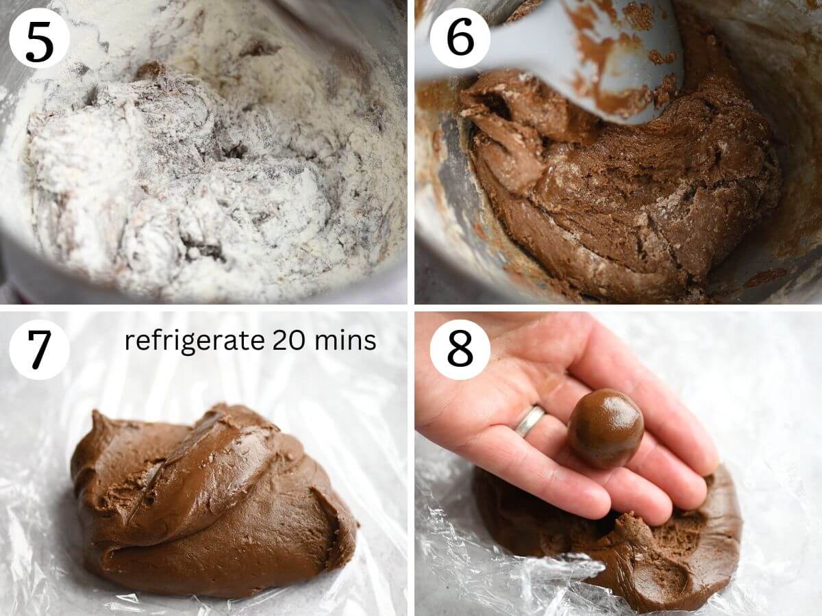 Four photos in a collage showing how to make Nutella cookie dough and roll it into balls.
