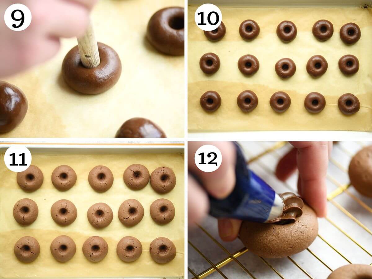 Four photos in a collage showing the Nutella cookies before and after baking and how to fill them with Nutella.