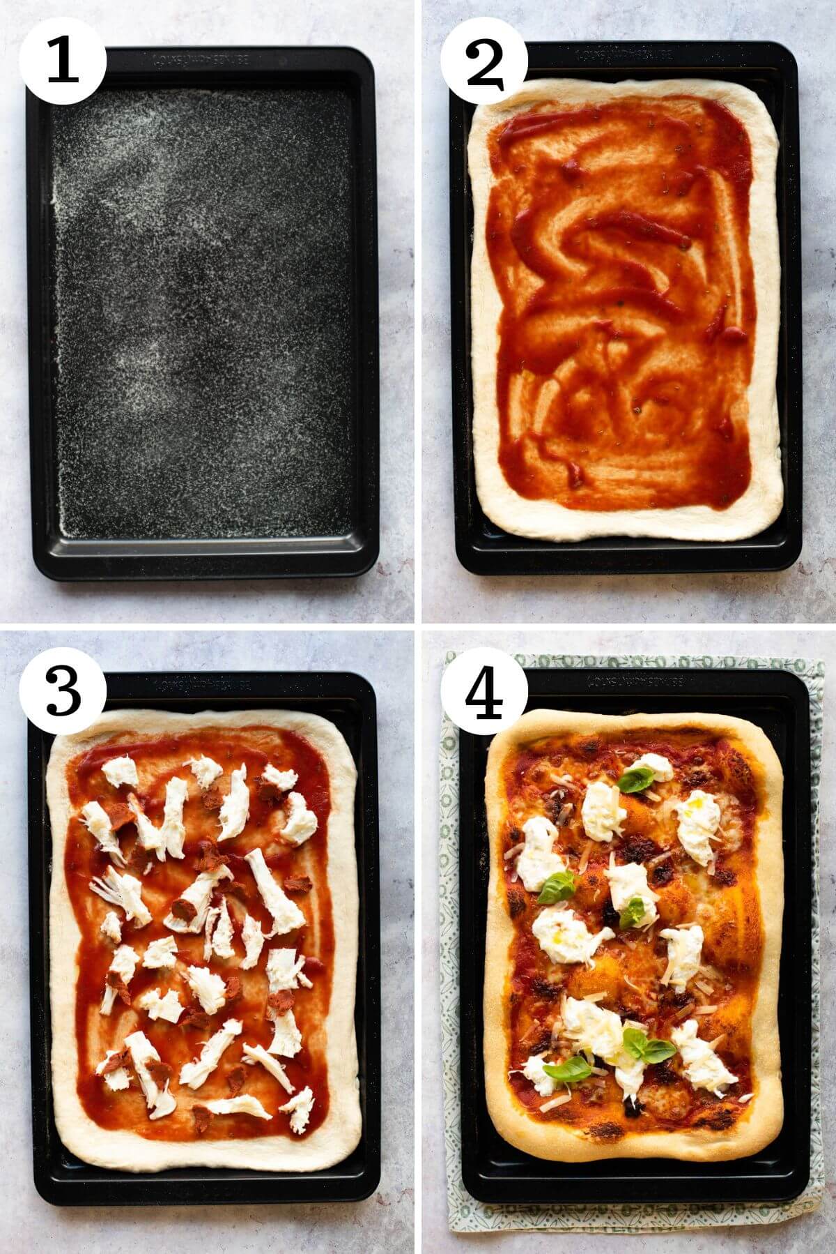 Four step by step photos in a collage showing how to make a pizza with Nduja and burrata.