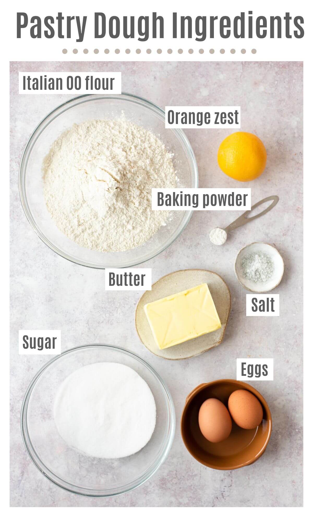 An overhead shot of ingredients needed to make pastry dough for cuccidati cookies.