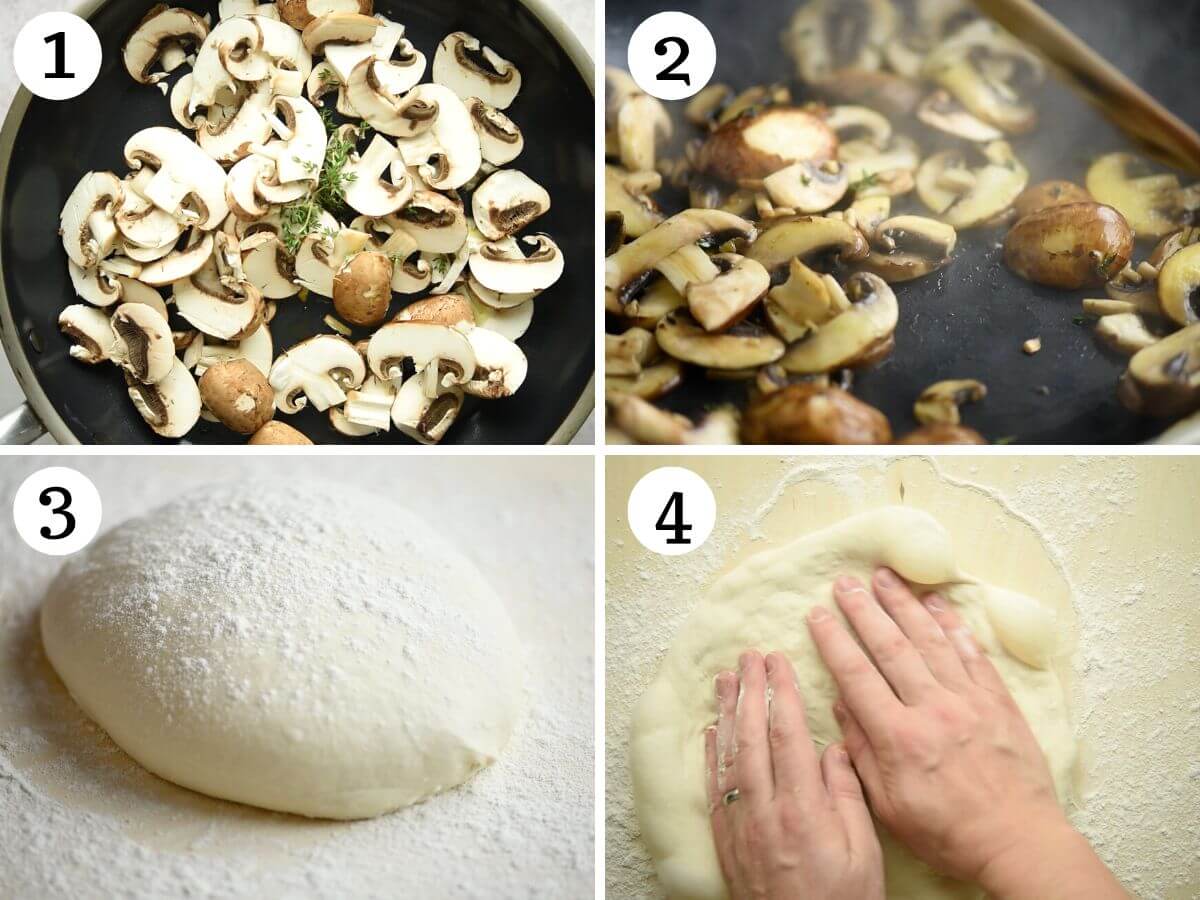 Four photos in a collage showing how to saute mushrooms and roll out pizza dough.