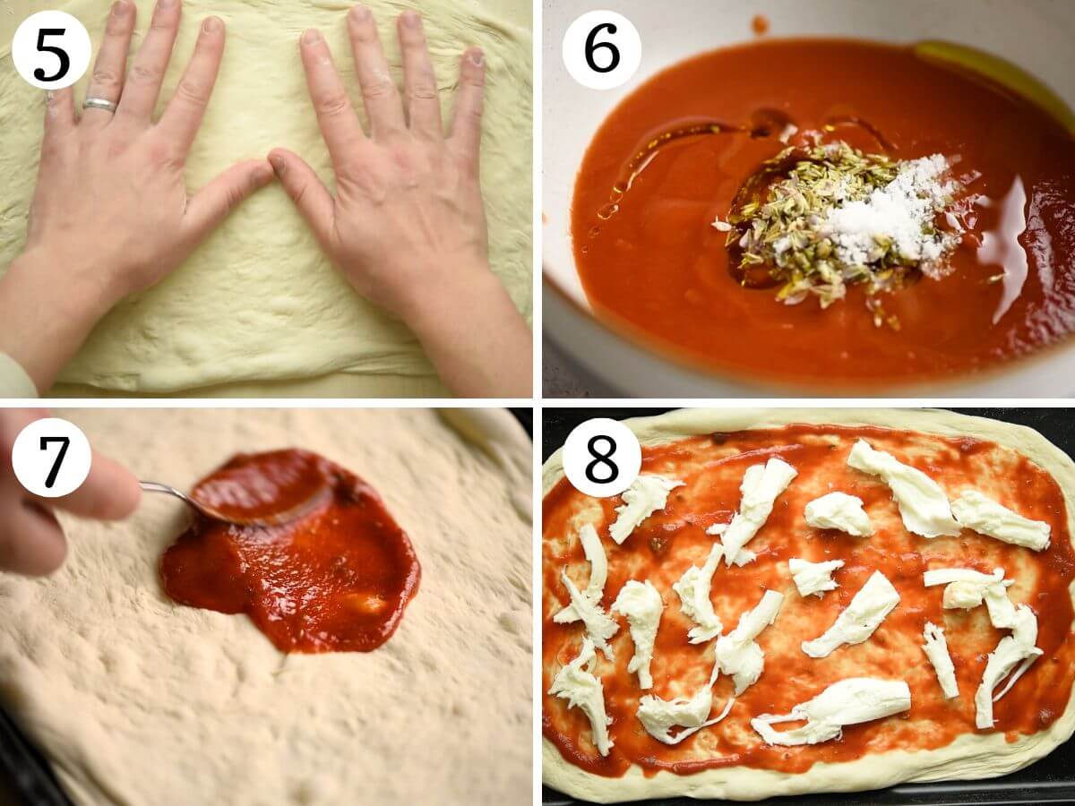 Four photos in a collage showing how to make pizza sauce and add toppings to a pizza.