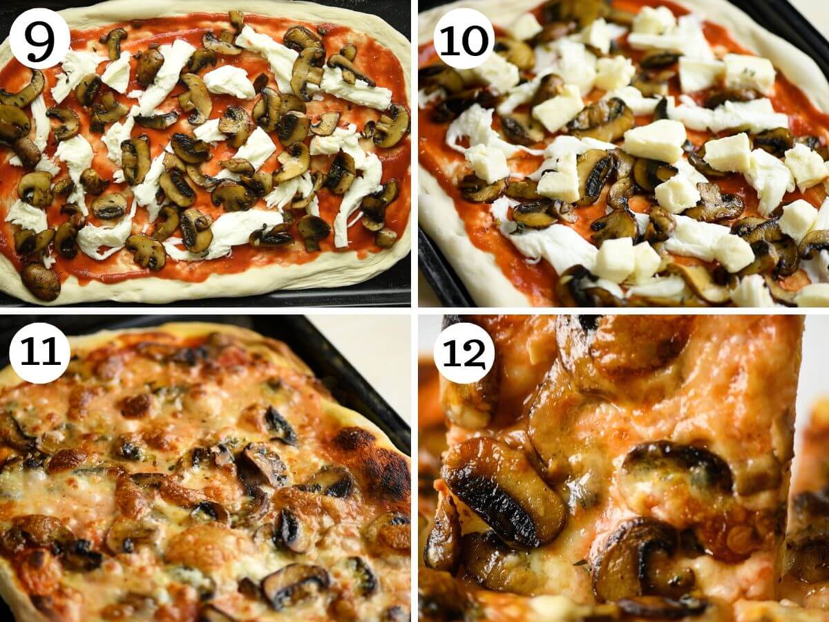 Four photos in a collage showing how to make a mushroom pizza.
