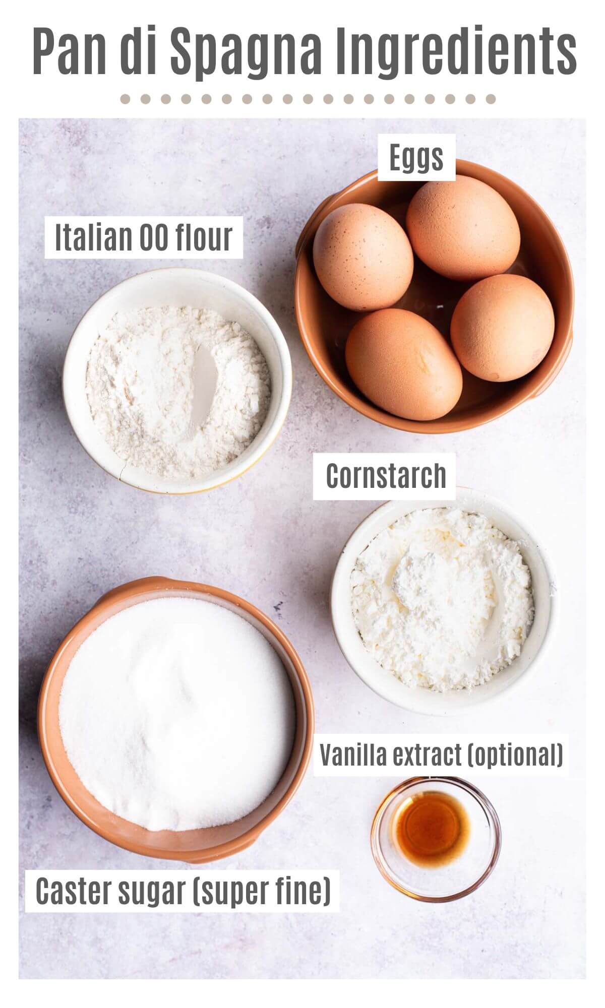 An overhead shot of labelled ingredients; eggs, cornstarch, Italian 00 flour, caster sugar and vanilla extract. 