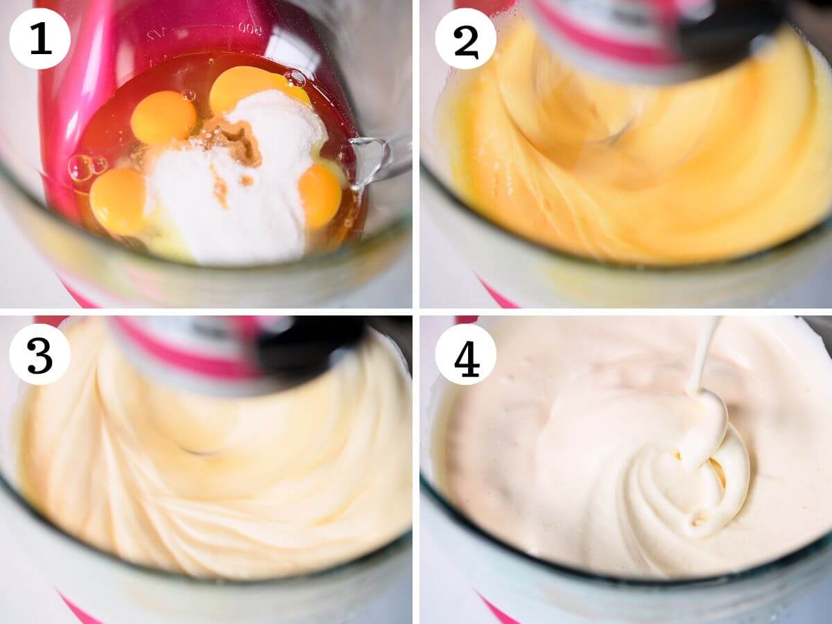 Four photos in a collage showing how to beat eggs and sugar until thick and fluffy using a stand mixer.