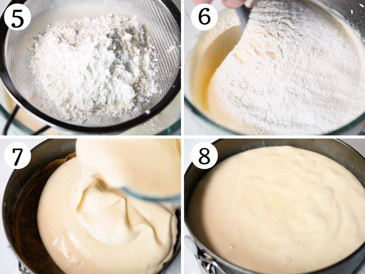 Four photos in a collage showing how to sift flour into eggs to make Pan di Spagna.